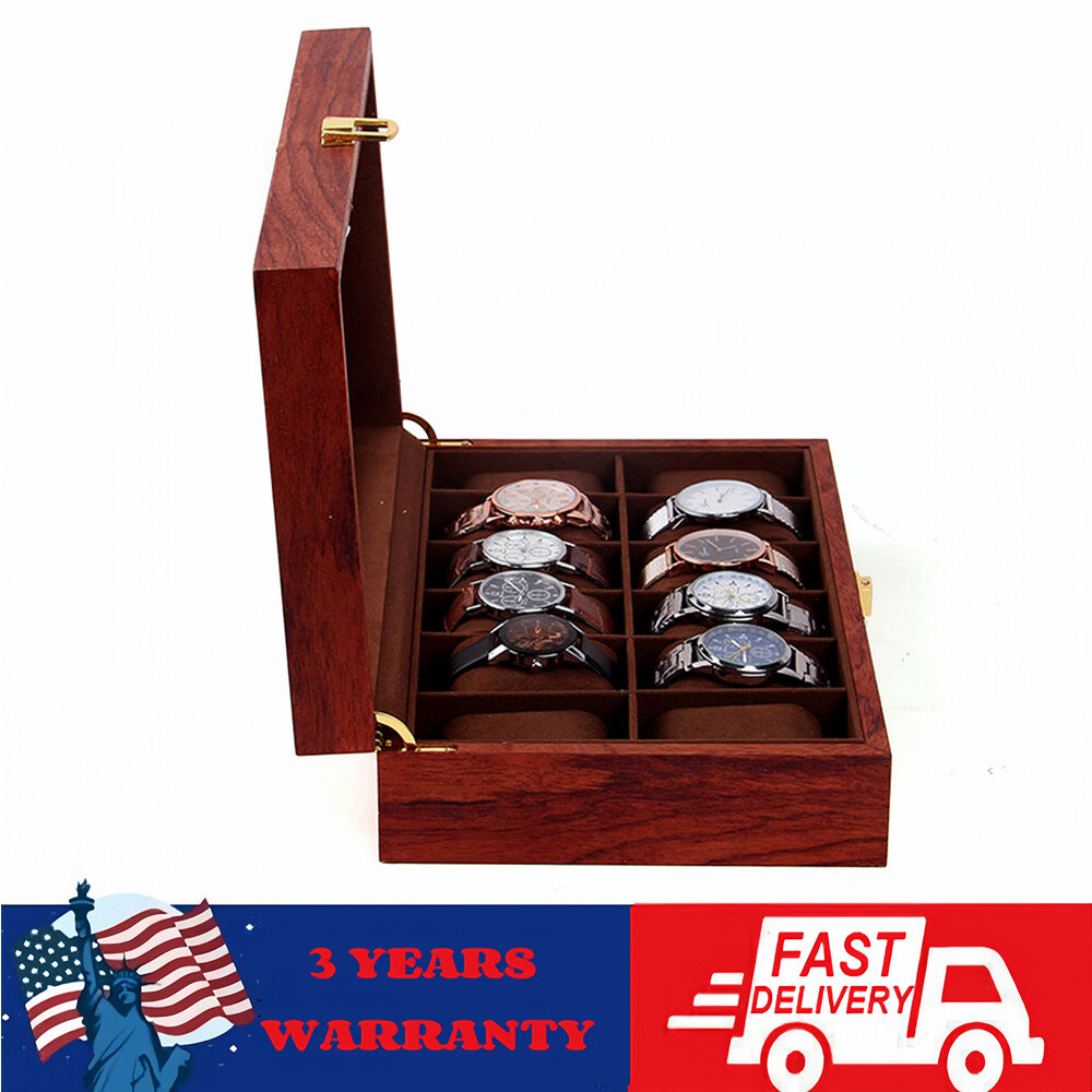 12 Slot Gold Wooden Watch Box For Men - Luxury Accents Display Box Holder Gift