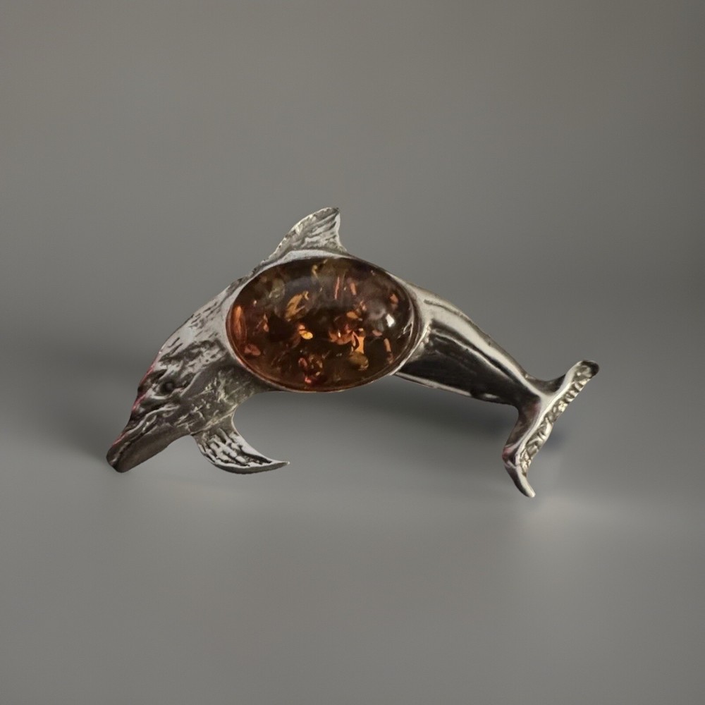 Vintage Mid Century 10k Gold Dolphin Brooch with Rare Baltic Amber Jelly Belly