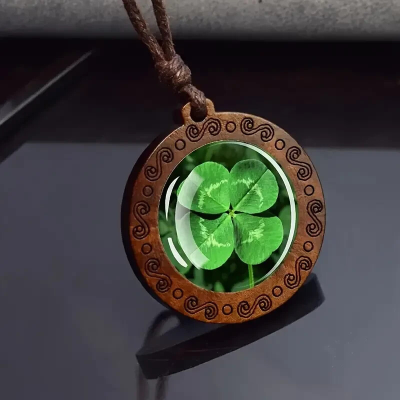 Lucky Clover Shamrock Wooden Pendant Necklace for Men and Women