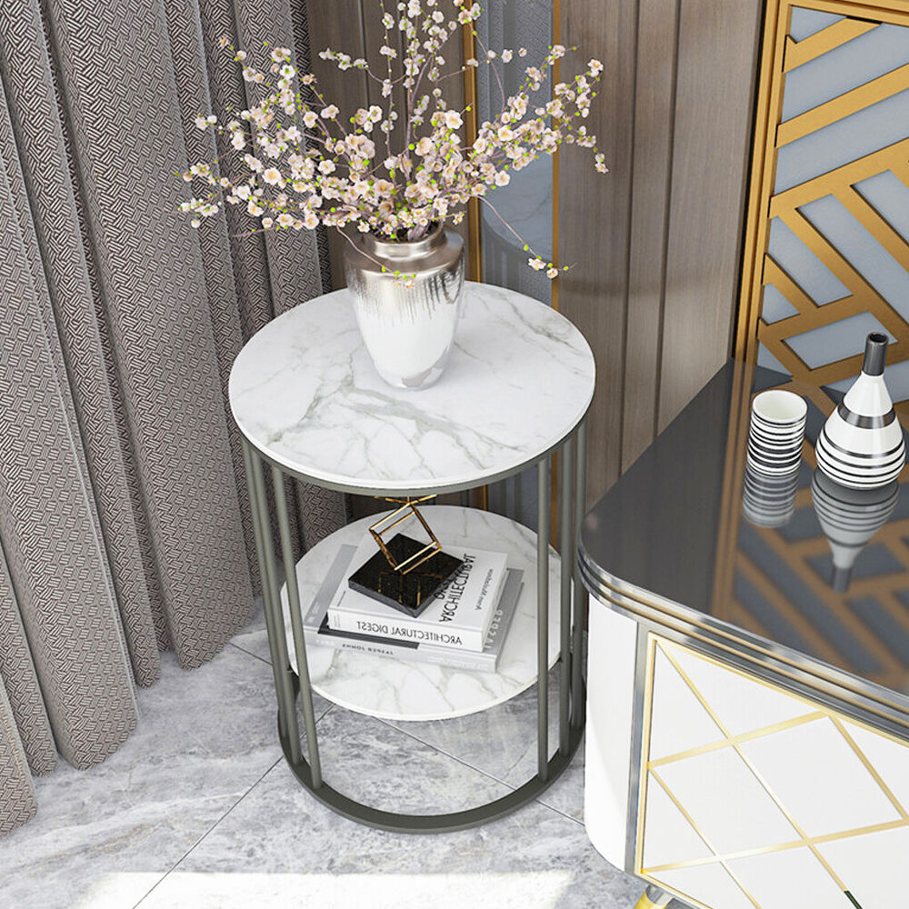 2-Layer Heavy Duty Marble Side Table Accent Coffee Table Nightstand Open Storage