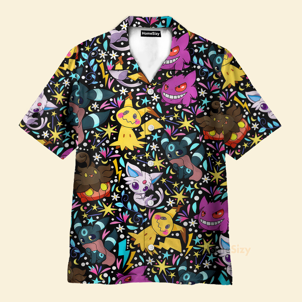 Gengar And Mimikyu Ghost Pokemon Seamless Pattern   Hawaiian Shirt