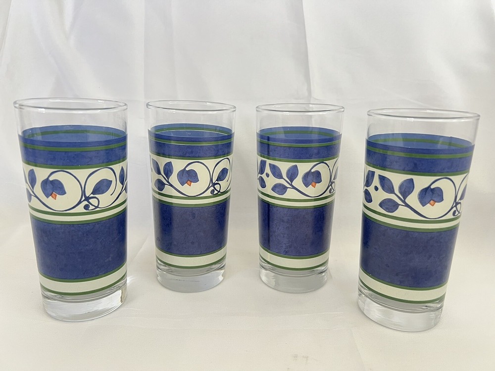 Pfaltzgraff ORLEANS Blue Green Vines Yellow 16oz Glassware Cooler Tumblers Set 4