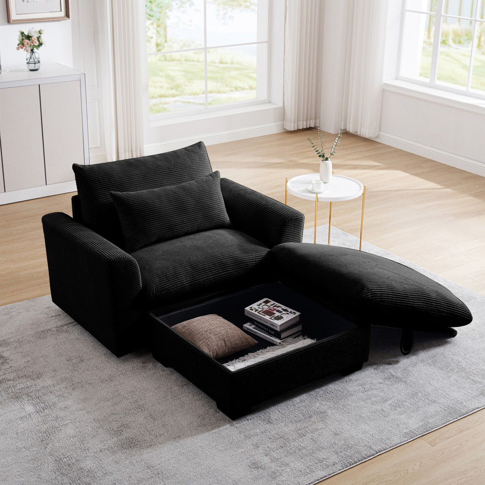 Black Corduroy Modular Sofa with Storage Ottoman and Deep Seat