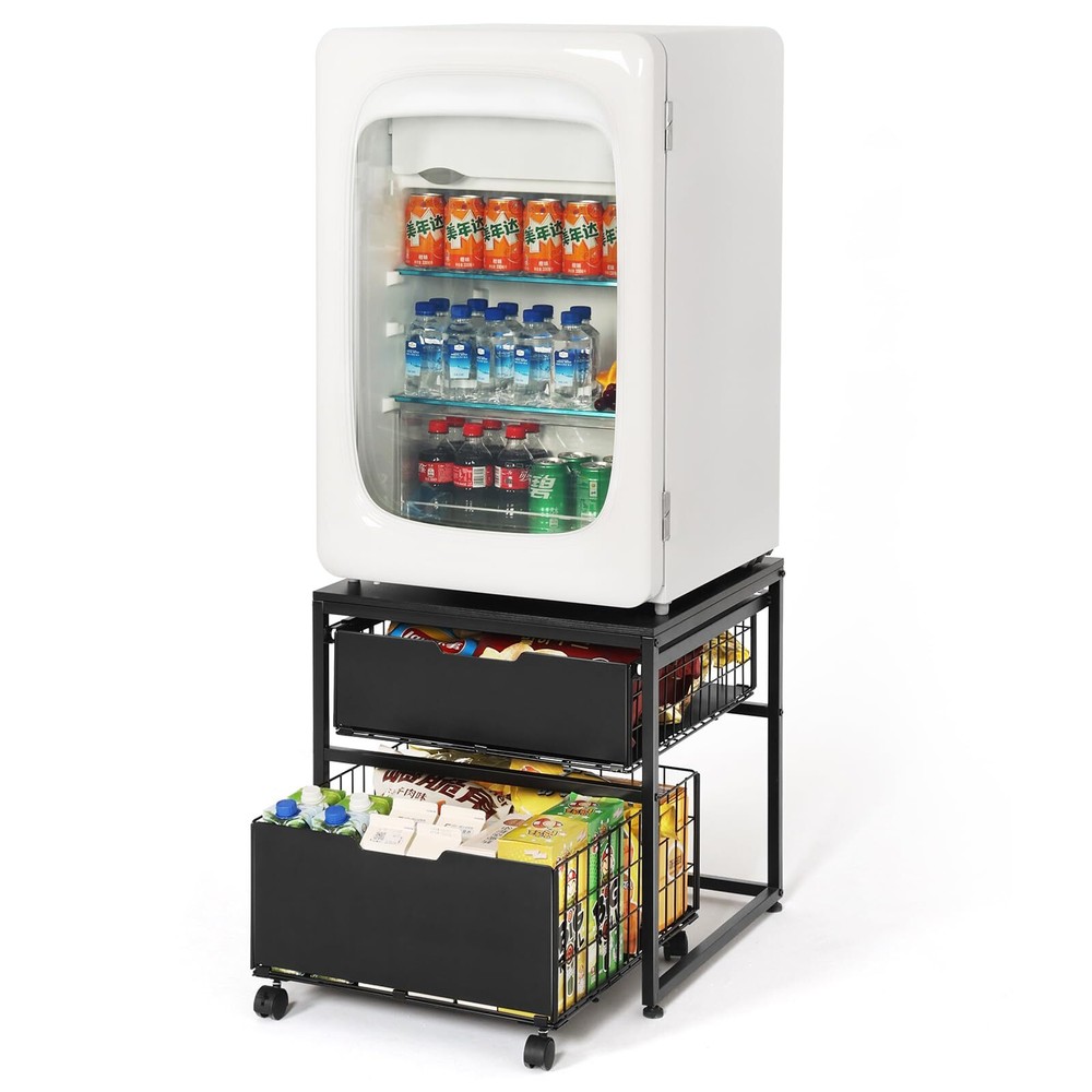 Mini Fridge Stand with Storage Drawer, 21.7”x21.7” Heavy Duty Mini Fridge Tab...