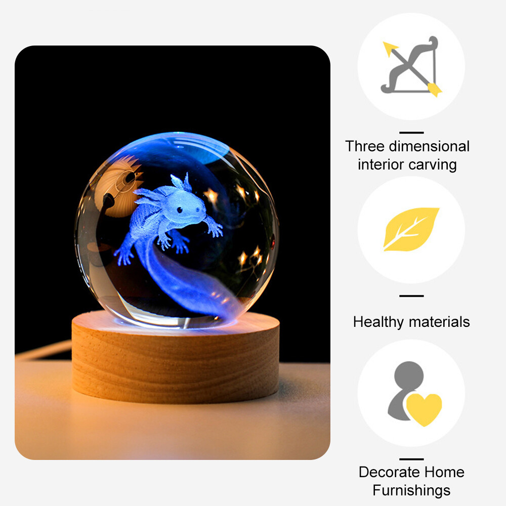 Axolotl Laser Engraved Crystal Ball Night Light Colorful Lamp Home Decor Gift