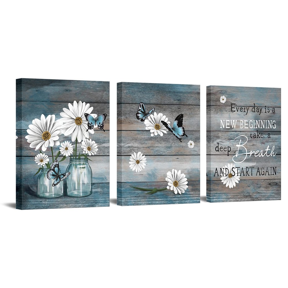 3 Piece Daisy Wall Art Butterfly Inspirational Picture on Canvas for Kitchen ...