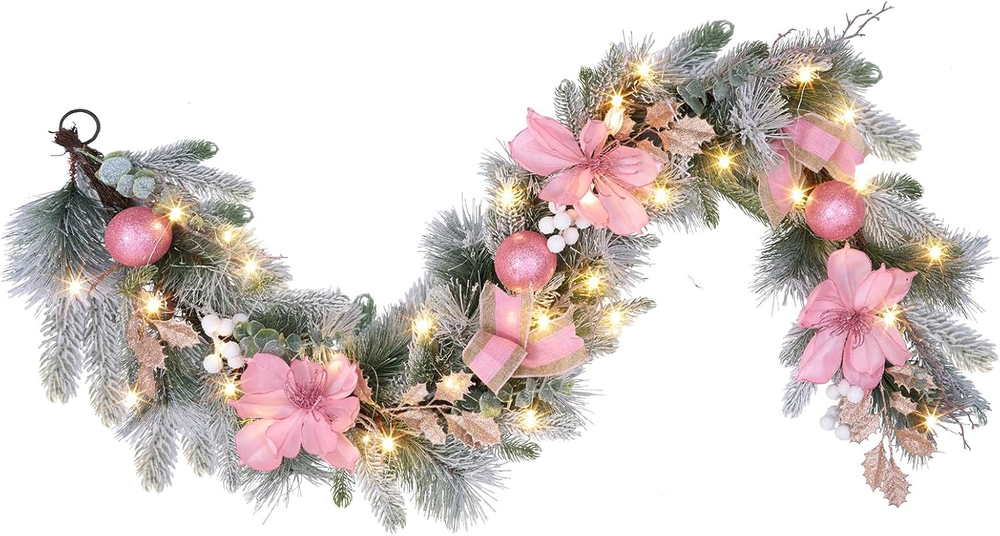 6ft Pink Christmas Garland with 30 LED Lights for Festive Front Door Decor