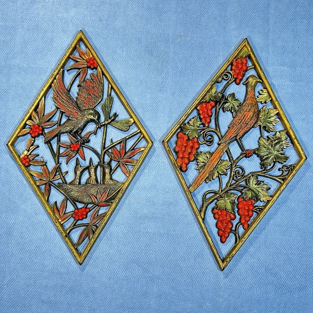 VTG MCM 1972 Set Burwood Bird Scene Diamond Shape Wall Hanging Original Finish