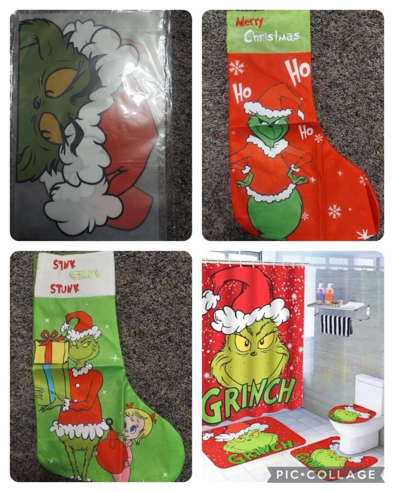 Huge Grinch Christmas Decor Lot NIP with Shower Set, 2 Stockings & 14in Window Sticker