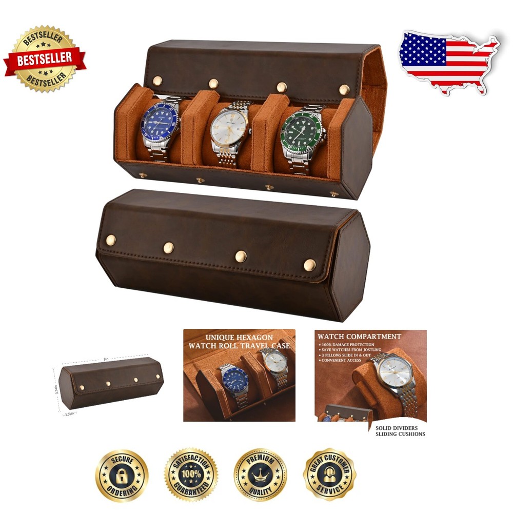 Compact Luxury Watch Roll for Travel - Holds 3 Watches in Brown Suede & Leather