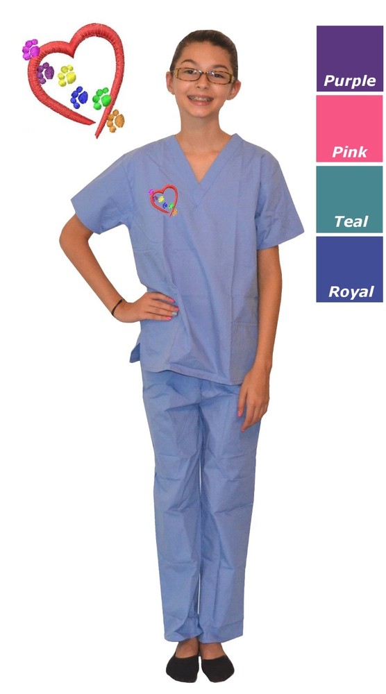 Kids Veterinarian Scrubs with Hearts Paw Prints Embroidery Pink Blue Purple