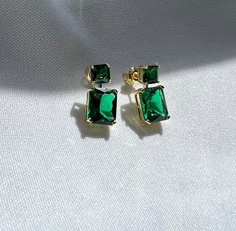 14K Yellow Gold Plated 2Ct Emerald Cut Green Simulated Drop Earrings