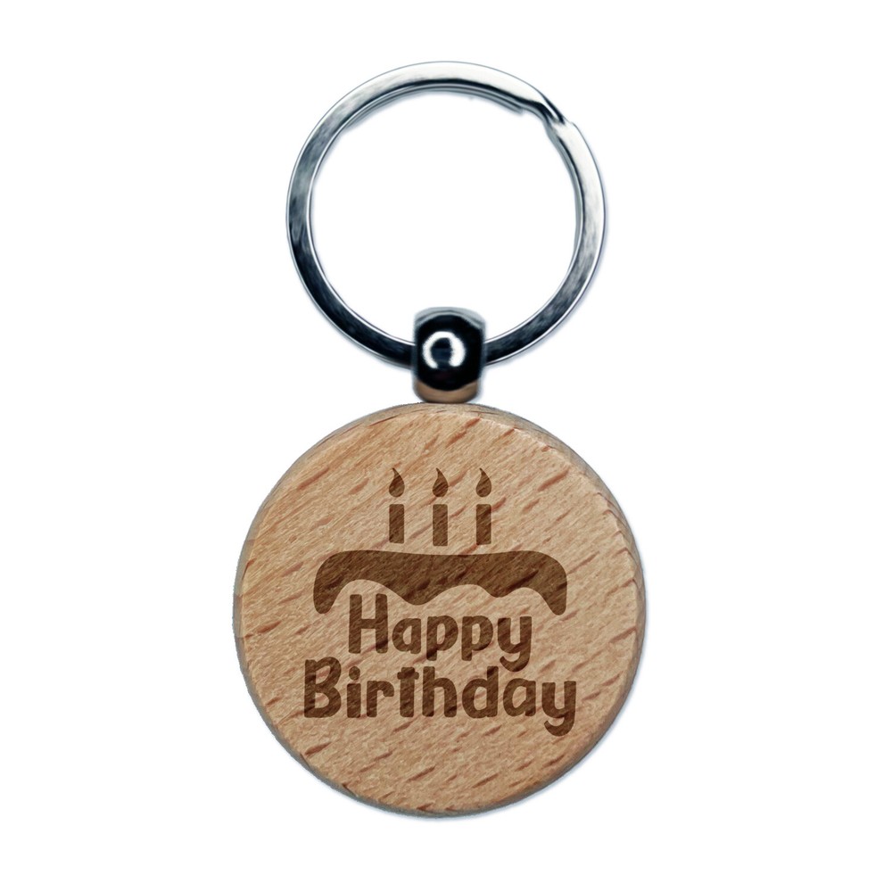 Happy Birthday with Cake Engraved Wood Round Keychain Tag Charm