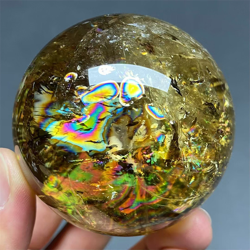 0.94lb Natural Citrine Quartz Sphere Rainbow Crystal for Energy Healing