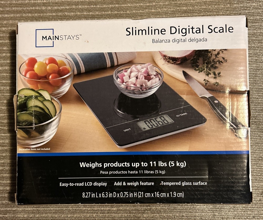 Mainstays Tempered Glass Slimline Digital Scale, Black  LCD display weight