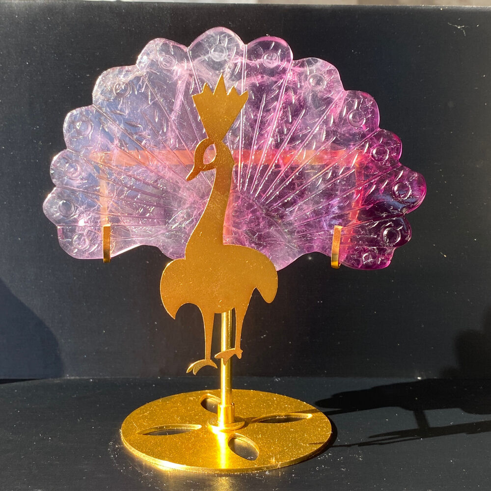 321g Natural fluorite Peacock Quartz Crystal carved skull Reiki Decor + Stand