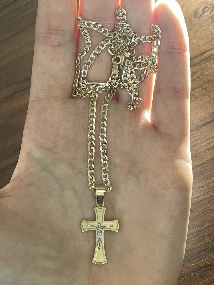 mens 14k gold diamond chain necklace with cross