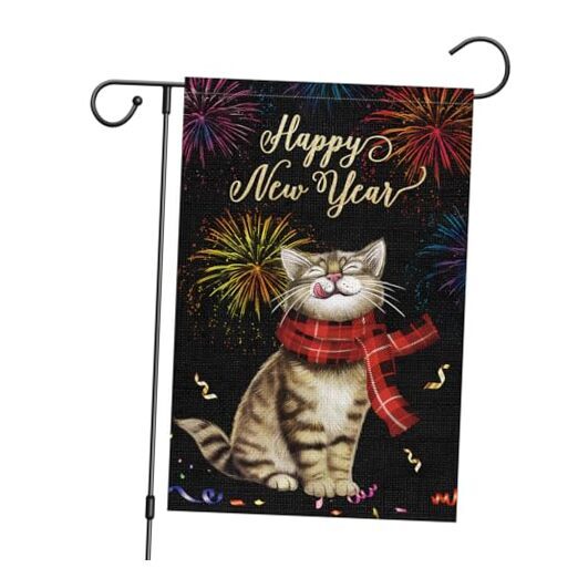 Happy New Year Cat Garden Flag 12x18 Double Sided Vertical, Burlap Small