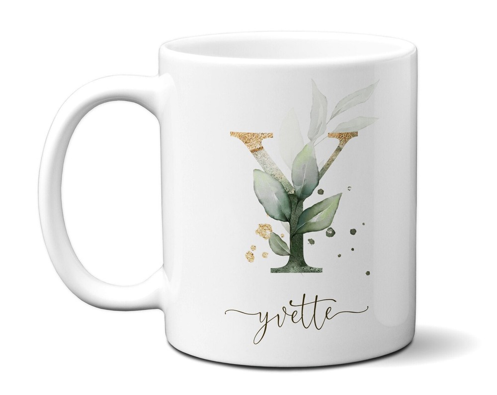 Flowers Initial & Name Mug Personalized Floral Leafy Custom Coffee Cup Woman