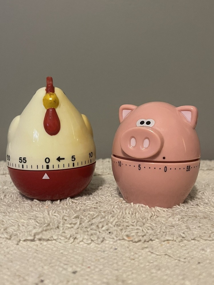 Pink Pig & Red/Yellow Chicken Vintage Egg Timers Set For Up To 60 Mins Bell Ring