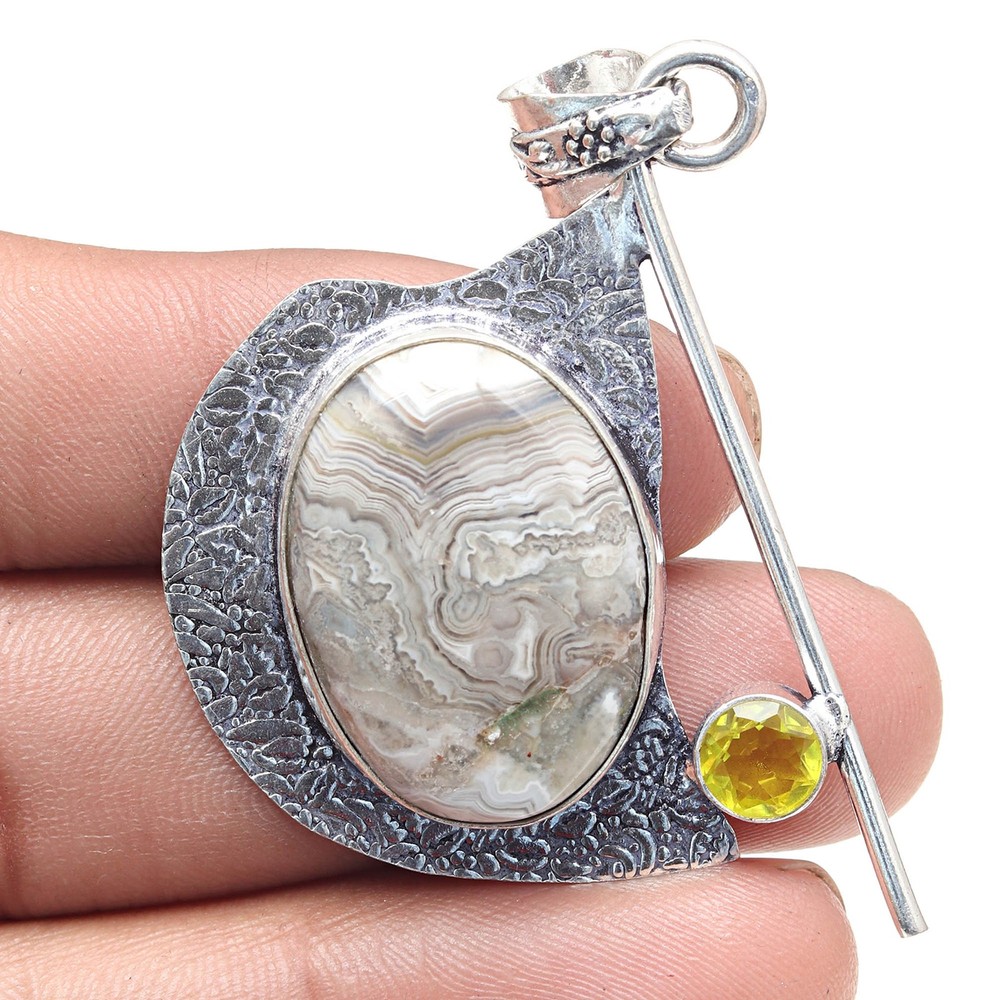 Crazy Lace Agate Citrine Quartz Pendant Handmade Sterling Silver Jewelry 2.25 Inch  