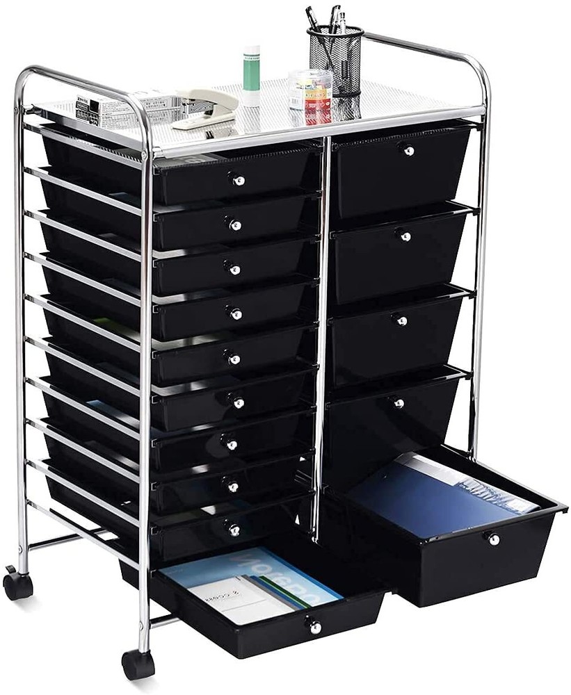 15-Drawer Rolling Storage Cart Mobile Organizer for Books Papers Tools Trolley