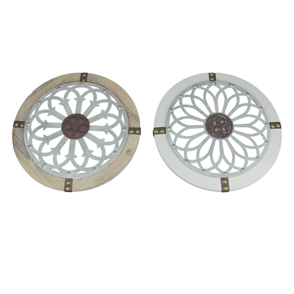 Rustic Farmhouse 18 Inch Wood Metal Medallion Wall Art Set of 2