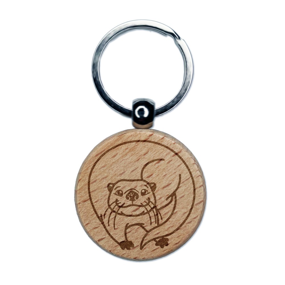 Mischievous River Otter Engraved Wood Round Keychain Tag Charm
