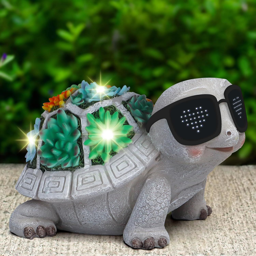 Solar Turtle Garden Statue with Succulent Planter and LED Lights Gray Birthday Gift