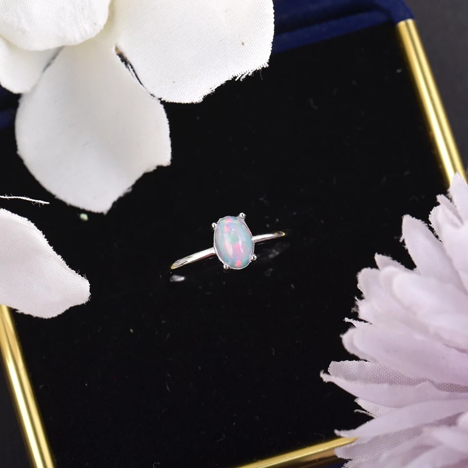 Natural Opal Gemstone Silver Delicate Woman's Ring