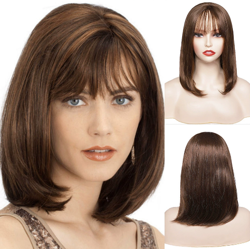 Brown Straight Synthetic Bob Wig with Bangs for Women Daily Wear