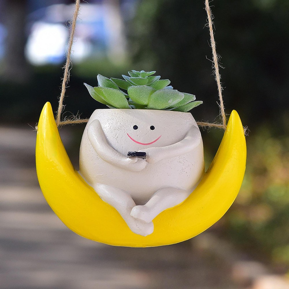 Swing Face Moon Planter Pot Hanging Resin Head Succulent Creative Flower Pots