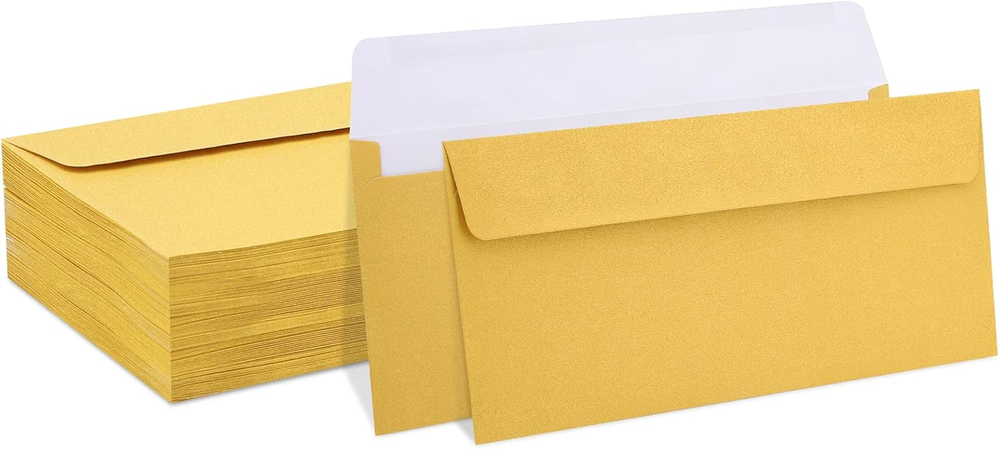 100 Pack Gold Metallic #10 Business Envelopes 4.125 x 9.5 Inches Square Flap Mailing