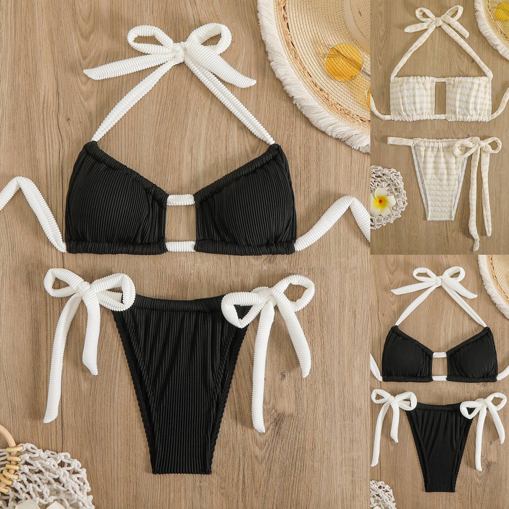 Sexy Bikini Sets For Women High Cut 2PCS Thong Swimsuit Tie Knot Ruched Swimwear