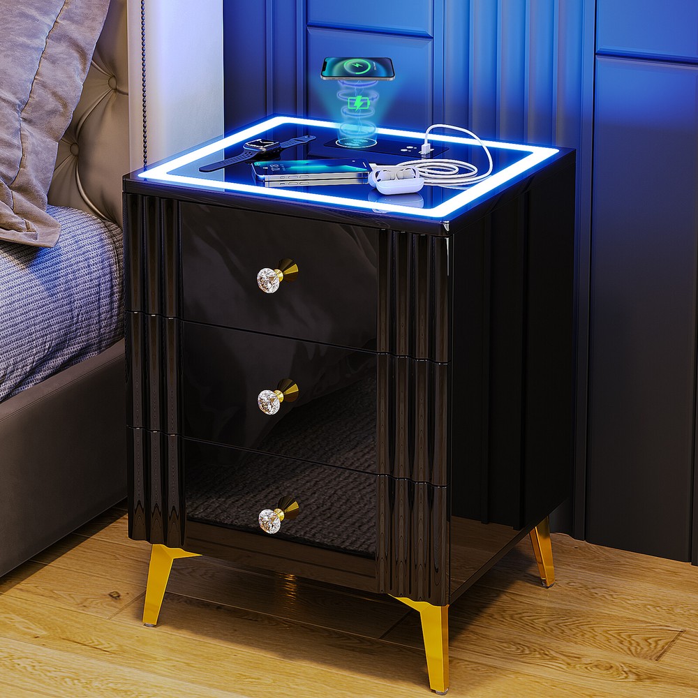 Modern High-Gloss Nightstand with USB Charging & LED Lights  