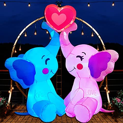 5 FT Inlflatable Valentines Day Decorations,Blow Up Couple's Elephant with LE...