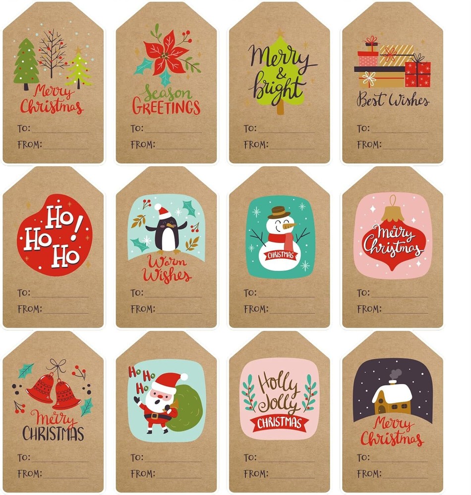 96 Pcs Christmas Gift Tags Stickers, Kraft Self Adhesive Name Brown