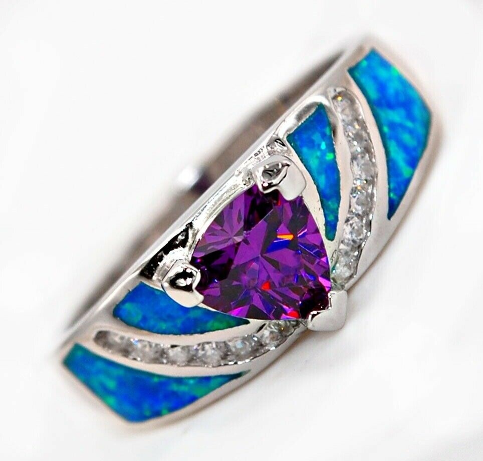 1CT Amethyst and Australian Opal Inlay S925 Sterling Silver Ring Size 8 Elegant Jewelry BA1
