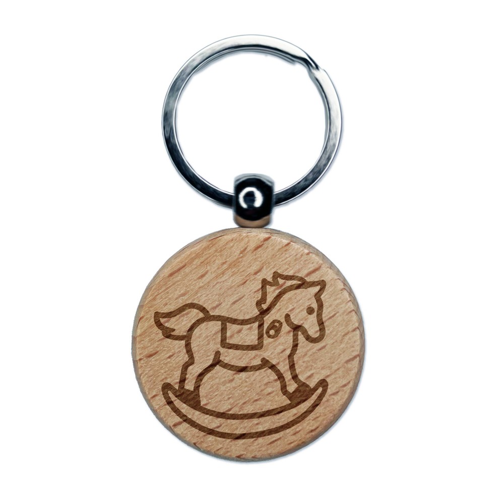 Wooden Rocking Rocker Horse Engraved Wood Round Keychain Tag Charm