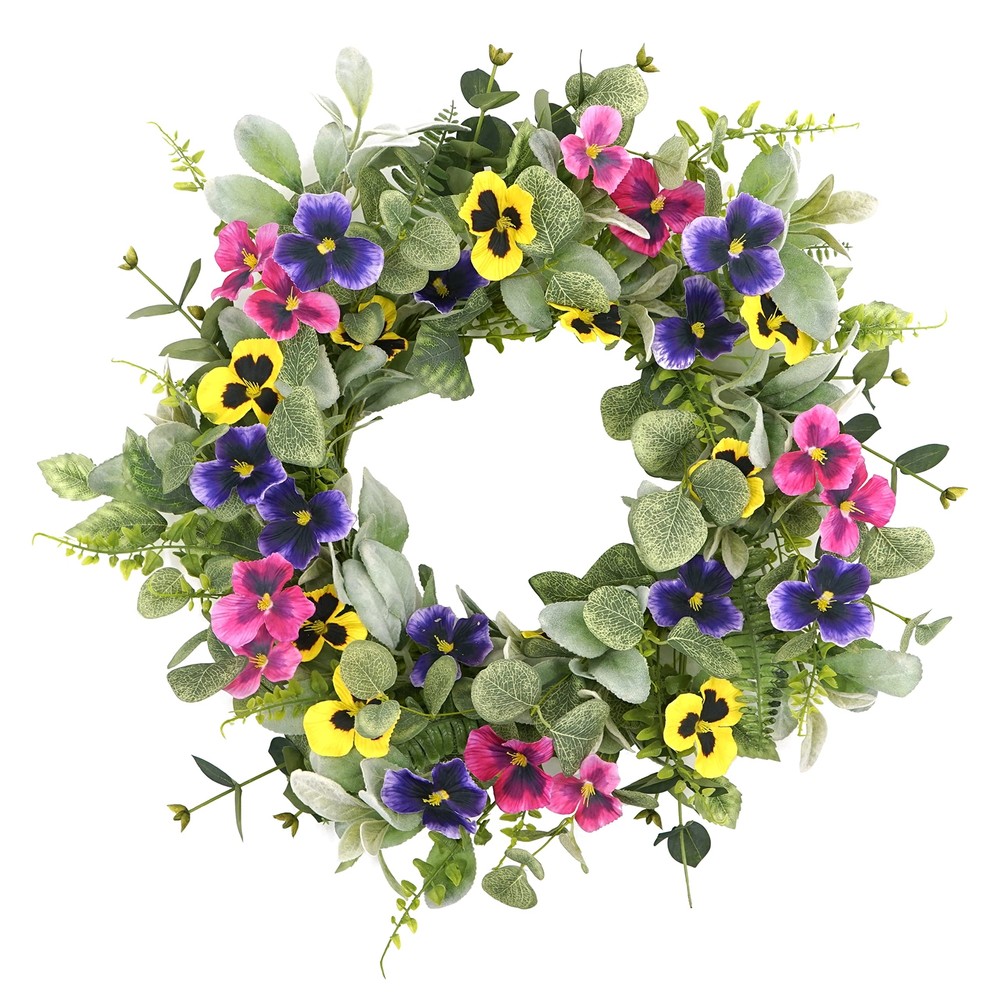 Artificial Spring Summer Wreath with Pansy Flowers Flocked Lamb Ear Eucalyptus Leaves