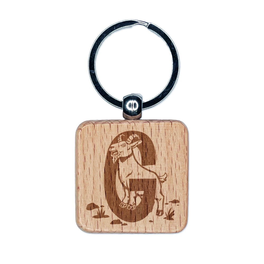 Goat Alphabet Letter G Engraved Wooden Keychain Charm  