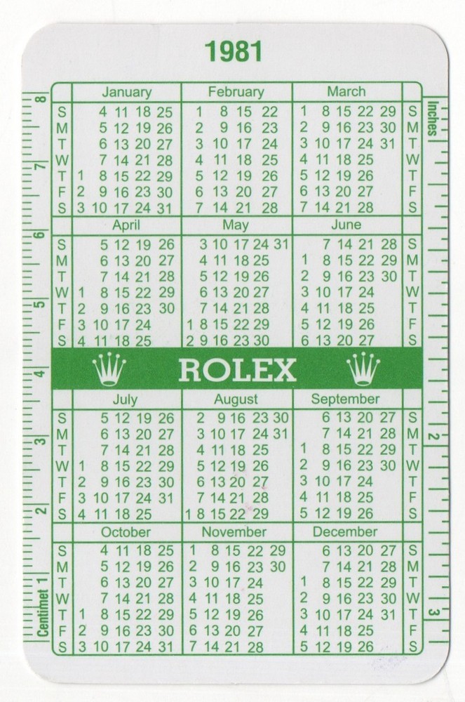 ROLEX 1981 1982 GREEN CALENDAR Daytona Submariner GMT Explorer Day-Date DAYDATE/
