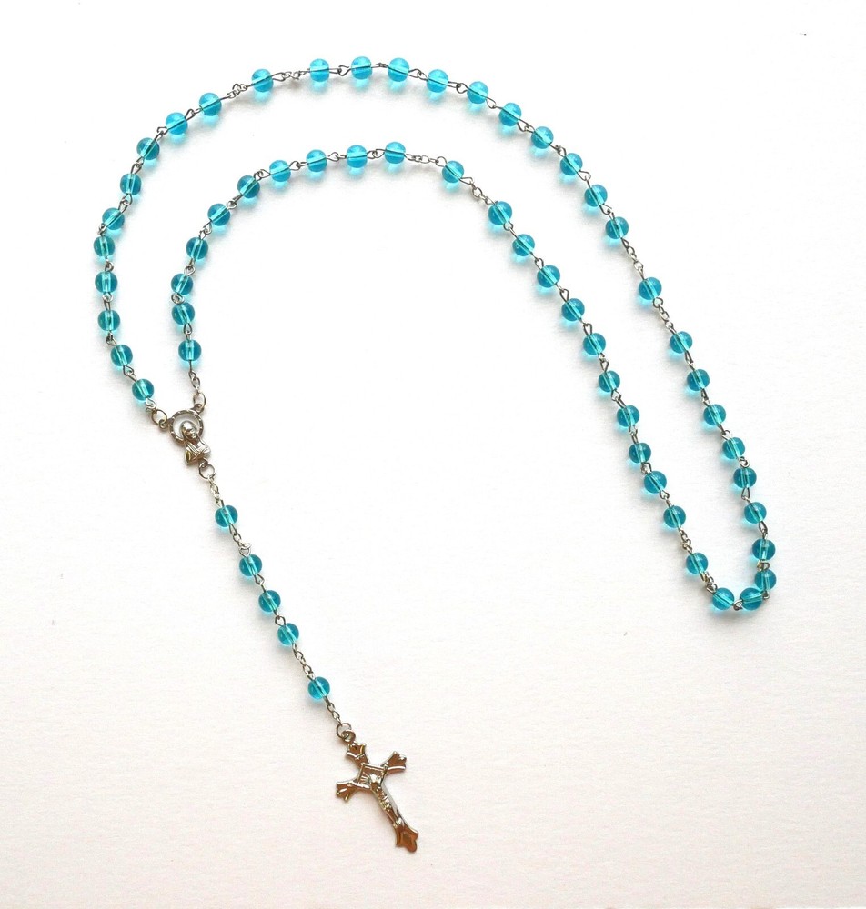 Aqua Beads Pressed Glass Rosary with Free Pouch for Prayer Devotion