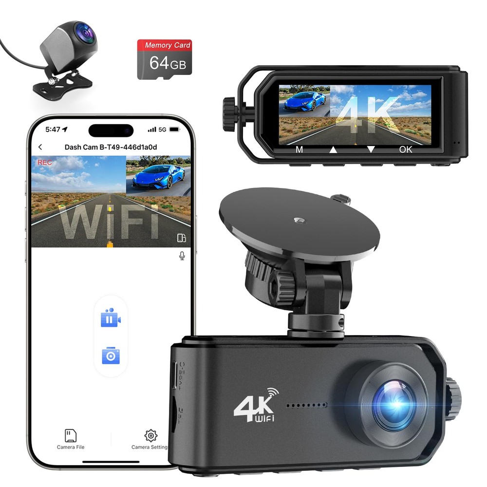 4K Front and Rear Dash Cam with WiFi 4K 1080P Dual Lens 3.12 Inch Screen GPS Night Vision Parking Mode Loop Recording Motion Detection