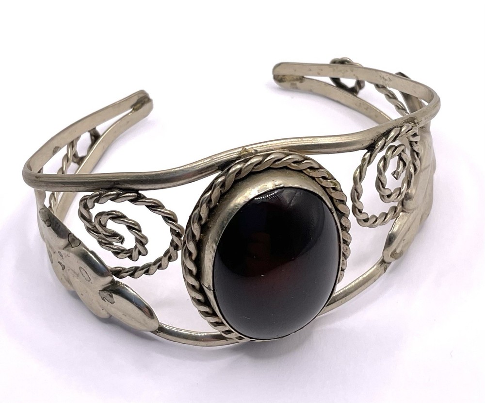 Vintage Mexican 925 Sterling Silver Cherry Amber Leaf Cuff Bracelet