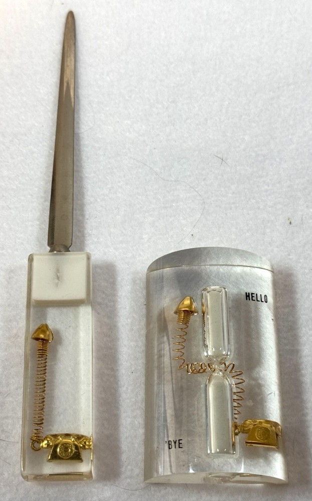 VTG Lucite Desk Set Gold Telephone Letter Opener & Paperweight Collectible