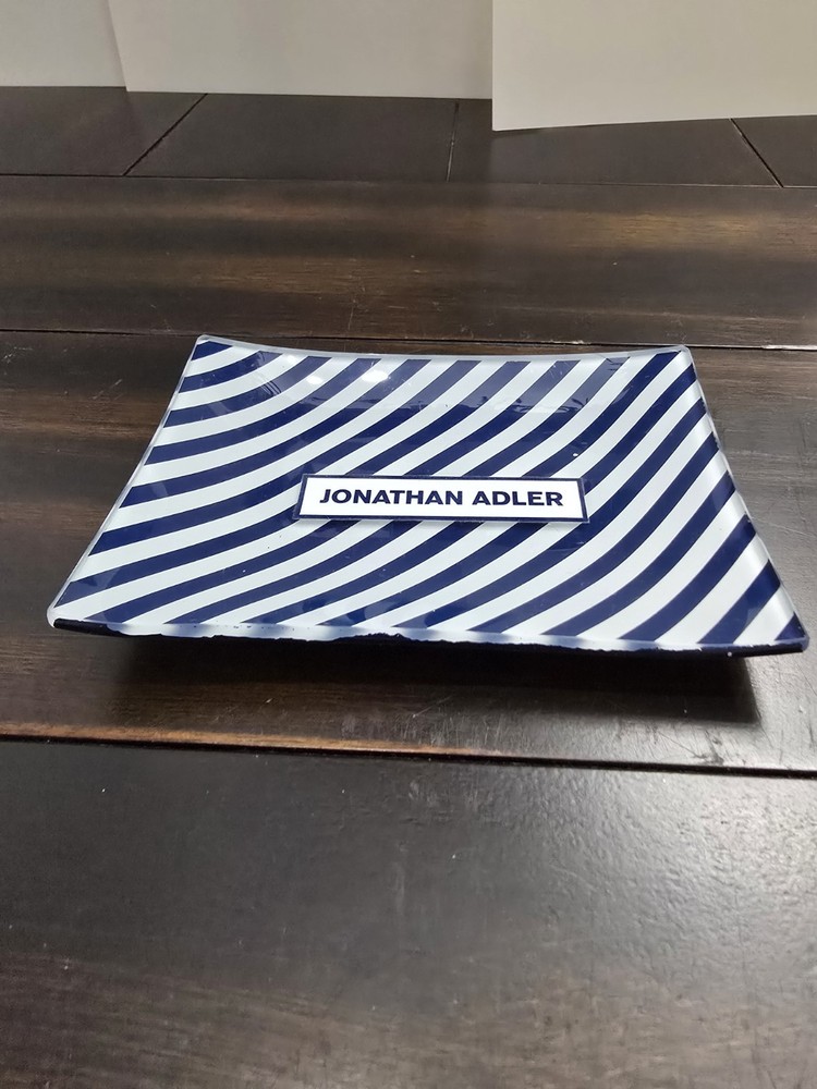 Jonathan Adler Navy Striped Glass Catch-All Tray 6x4 Soap Dish Like New
