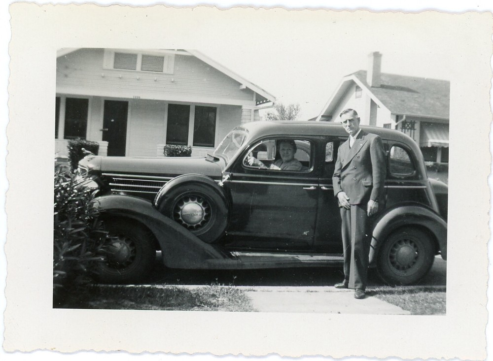 Older Couple by Car Old Vintage Snapshot Photo Spare Tire Auto Woman Driving 148