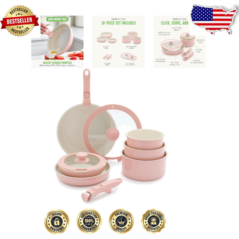 Light Pink 10-Piece Stackable Ceramic Nonstick Cookware Set, Dishwasher Safe