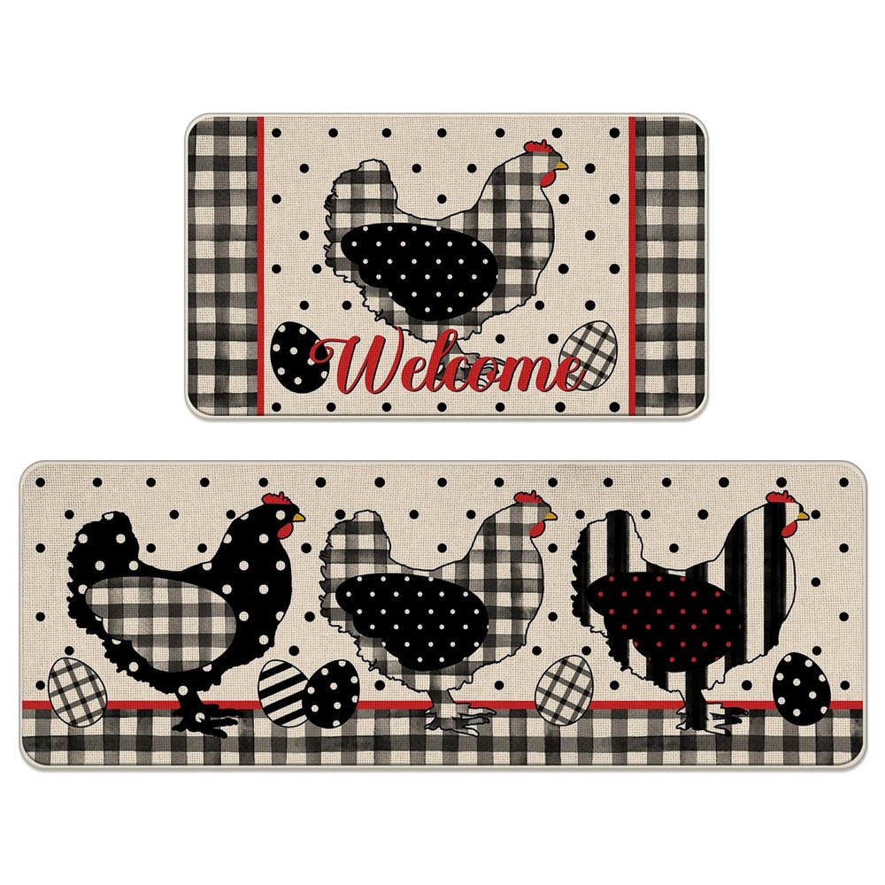 Easter Chicken Hen Kitchen Rug Set of 2 with Chick and Eggs Buffalo Plaid Design